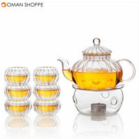 600ml 6 Cups Tealight Warmer Clear Pumpkin Tea Glass Pot Set Infuser Coffee Pot