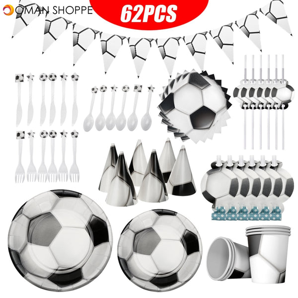 62pcs Football Plate Napkin Cups Tablecloth Tableware Kids Birthday Party Decorations