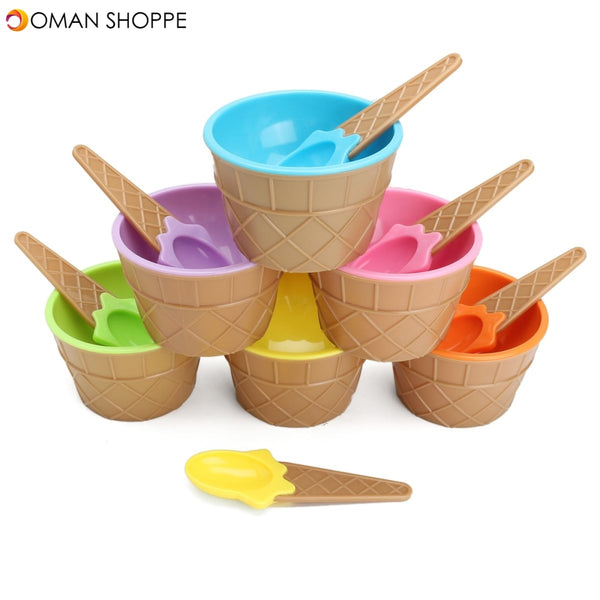 6PCS Children's Plastic Ice Cream Bowls Spoons Set Durable Ice Cream Cup Dessert Bowl