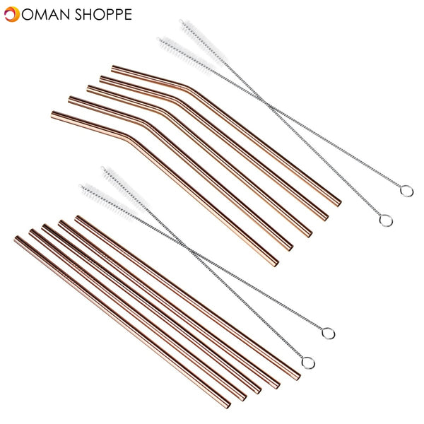 7pcs Stainless Steel Rose Gold Curved Straw / Straight Straw + Brush Reusable