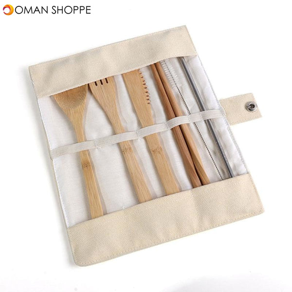 7pcs/set Portable Creative Bamboo Tableware Wooden Chopsticks Spoon Fork Fox Cleaner Brush Set Environmentally Friendly Flatware