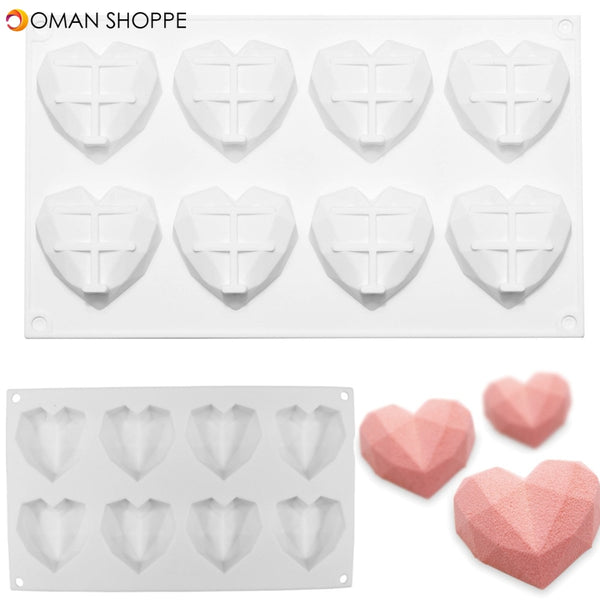 8 Grids Diamond Heart Dessert 3D Cake Mold Art Mousse Silicone Mould 