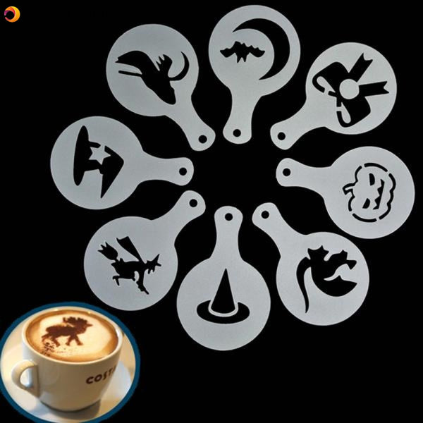 8Pcs Halloween Cappuccino Latte Art Coffee Stencils Duster Cake Icing Spray