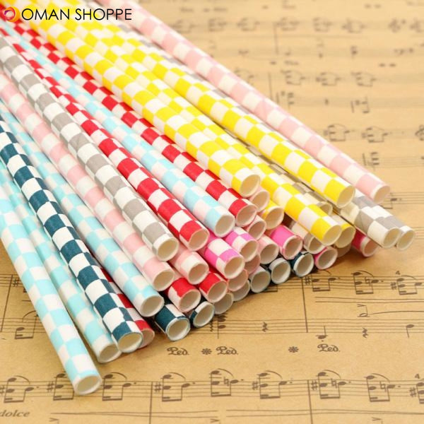 Biodegradable Checkered Pattern Paper Drinking Straws Striped Birthday For Wedding Party