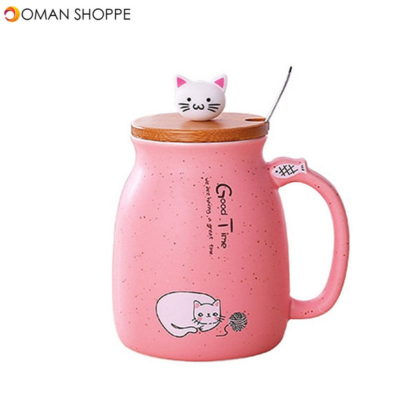 Cat Kitten Ceramic Coffee Mug Tea Milk Water Cup W/Handle + Spoon + Lid 420ML