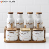 Creative Nordic Style Marble Pattern Ceramic Kitchen Seasoning Tank Set  Wooden Cover Salt Shaker Spice Jar Kitchen Accessories