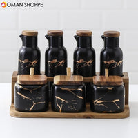 Creative Nordic Style Marble Pattern Ceramic Kitchen Seasoning Tank Set  Wooden Cover Salt Shaker Spice Jar Kitchen Accessories