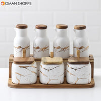 Creative Nordic Style Marble Pattern Ceramic Kitchen Seasoning Tank Set  Wooden Cover Salt Shaker Spice Jar Kitchen Accessories