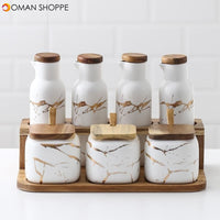 Creative Nordic Style Marble Pattern Ceramic Kitchen Seasoning Tank Set  Wooden Cover Salt Shaker Spice Jar Kitchen Accessories