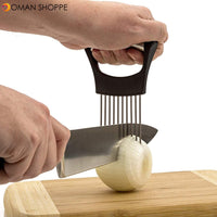 Cutting Kitchen Gadget, Onion Holder Slicer Vegetable Tools Potatoes Tomatoes Avocados Slicing Stainless Steel Cutting Kitchen Gadget Onion Peeler Kitchen gadgets (Sliver Color)