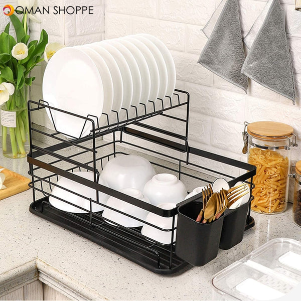 Dish Drying Stand Bowl Storage Rack Plate Organizer Utensil Holder for Kitchen Countertop Large Capacity Antibacterial Stylish Black