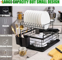 Dish Drying Stand Bowl Storage Rack Plate Organizer Utensil Holder for Kitchen Countertop Large Capacity Antibacterial Stylish Black