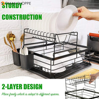 Dish Drying Stand Bowl Storage Rack Plate Organizer Utensil Holder for Kitchen Countertop Large Capacity Antibacterial Stylish Black