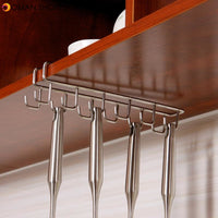 Hooks Cup Holder Kitchen Cabinet Under Shelf Storage Rack Double Row 12 Hook Punch-Fre Stainless Steel Bathroom Household Tools