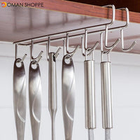 Hooks Cup Holder Kitchen Cabinet Under Shelf Storage Rack Double Row 12 Hook Punch-Fre Stainless Steel Bathroom Household Tools