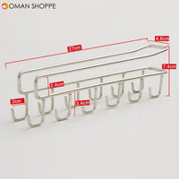 Hooks Cup Holder Kitchen Cabinet Under Shelf Storage Rack Double Row 12 Hook Punch-Fre Stainless Steel Bathroom Household Tools