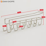 Hooks Cup Holder Kitchen Cabinet Under Shelf Storage Rack Double Row 12 Hook Punch-Fre Stainless Steel Bathroom Household Tools