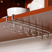 Hooks Cup Holder Kitchen Cabinet Under Shelf Storage Rack Double Row 12 Hook Punch-Fre Stainless Steel Bathroom Household Tools