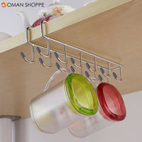 Hooks Cup Holder Kitchen Cabinet Under Shelf Storage Rack Double Row 12 Hook Punch-Fre Stainless Steel Bathroom Household Tools