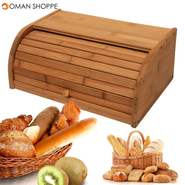 Nature Bamboo Wooden Roll Up Kitchen Bread Box Bin Storage Holder Baskets Container