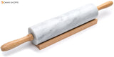 Polished Marble Rolling Pin with Wooden Cradle, 10-Inch Barrel, White