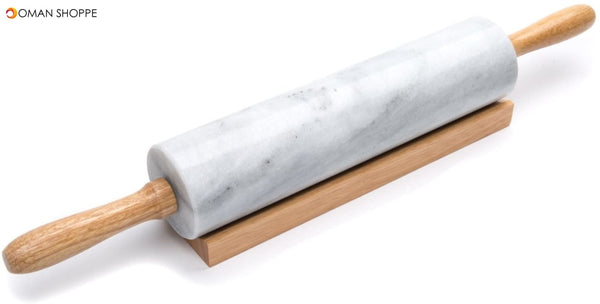 Polished Marble Rolling Pin with Wooden Cradle, 10-Inch Barrel, White