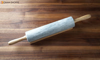 Polished Marble Rolling Pin with Wooden Cradle, 10-Inch Barrel, White