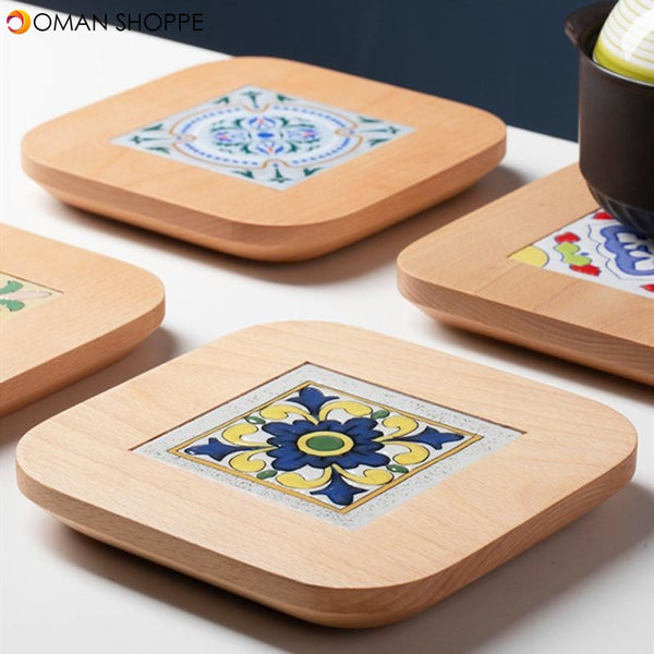 Retro Solid Wood Ceramic Pot Holde Heat Insulation Pad Large Bowl And Plate Mat Kitchen Household Anti-Scalding Placemat