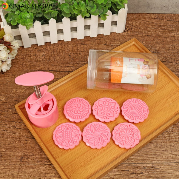 Round Mooncake Cake Baking Mold Mould 6 Stamps Fower Moon Cake Baking Tools Decor