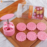 Round Mooncake Cake Baking Mold Mould 6 Stamps Fower Moon Cake Baking Tools Decor