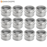 Skymore 12Pcs Spice Jar Set Stainless Steel Magnetic Spice Tins Spice Organizer Condiment Container Clear Top Lid & Sift-Pour with Spice Labels