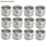 Skymore 12Pcs Spice Jar Set Stainless Steel Magnetic Spice Tins Spice Organizer Condiment Container Clear Top Lid & Sift-Pour with Spice Labels