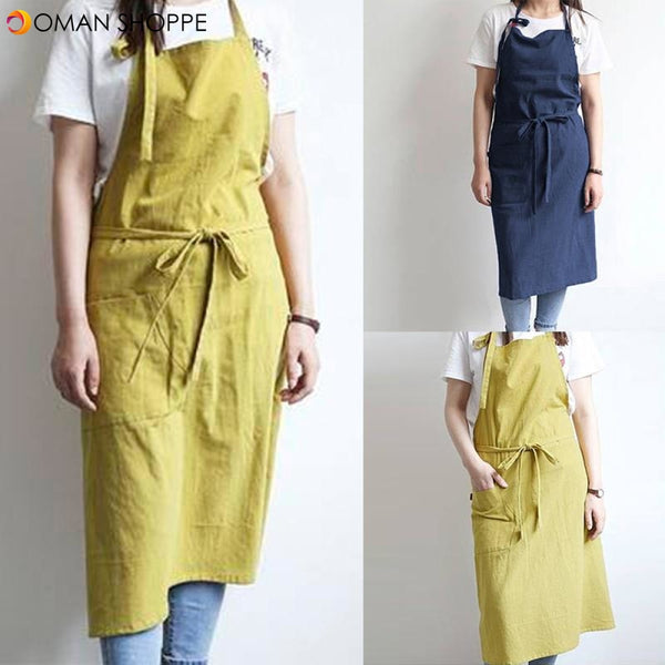 VONDA 8-24 Women Men Chefs 100%Cotton Panifore Aprons Cooking Baking Pockets Solid Long Dress