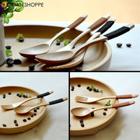 Wood 2 Pcs Spoon And Fork Dinnerware Sets Flatware Sets Wooden Spoon Fork Environmental Protection Flatware Set Kitchen Tools