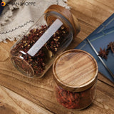 Wood Lid Glass Airtight Canister Kitchen Storage Bottles Jars Food Container Grains Tea Coffee Beans Grains Candy Jar Containers