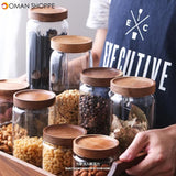 Wood Lid Glass Airtight Canister Kitchen Storage Bottles Jars Food Container Grains Tea Coffee Beans Grains Candy Jar Containers