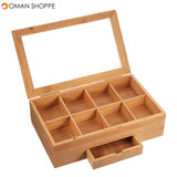 Wooden Tea Coffee Box 8 Section Compartments Glass Lid Multi Storage Spice Chest Kitchen Storage Container