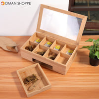 Wooden Tea Coffee Box 8 Section Compartments Glass Lid Multi Storage Spice Chest Kitchen Storage Container