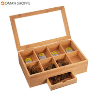 Wooden Tea Coffee Box 8 Section Compartments Glass Lid Multi Storage Spice Chest Kitchen Storage Container