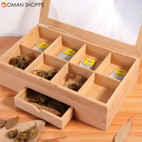 Wooden Tea Coffee Box 8 Section Compartments Glass Lid Multi Storage Spice Chest Kitchen Storage Container